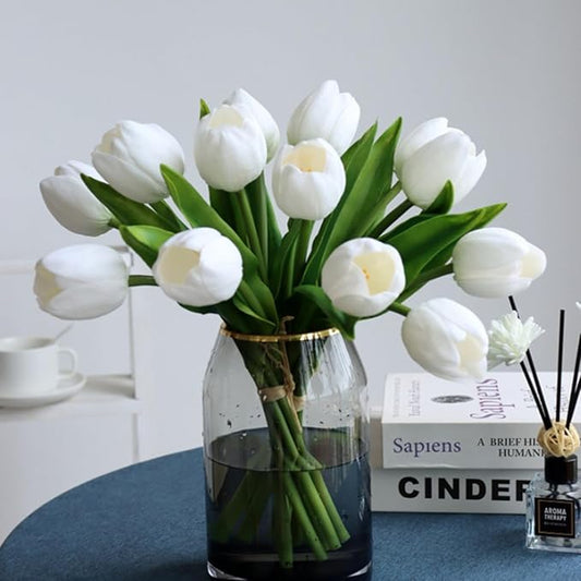 Buart White&Green Tulip Flowers Artificial Luxury Big Tulip Valentine's Day Mother's Day Easter Home Kitchen Wedding Decorations(11pcs)