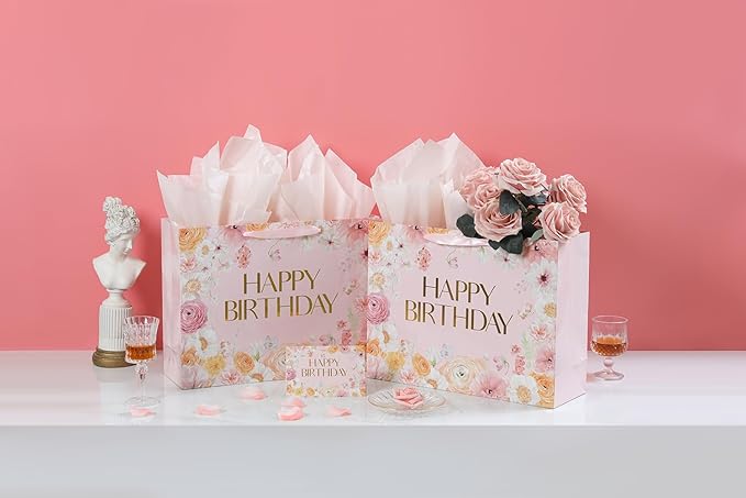 16.5” Extra Large Floral Gift Bag, Floral Design Happy Birthday Bag with Handles, Greeting Card, Tissue Papers for Women Girls Wildflower Birthday Party Baby Shower Supplies Decorations.(16.5in)