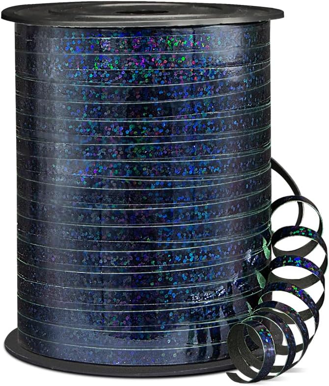 500 Yards Shiny Metallic Black Curling Ribbon with Spool, 1/5" Holographic Curly Ribbons - Ideal for Gift Wrapping, Birthday, Halloween, Christmas Party Decorations, Balloon String
