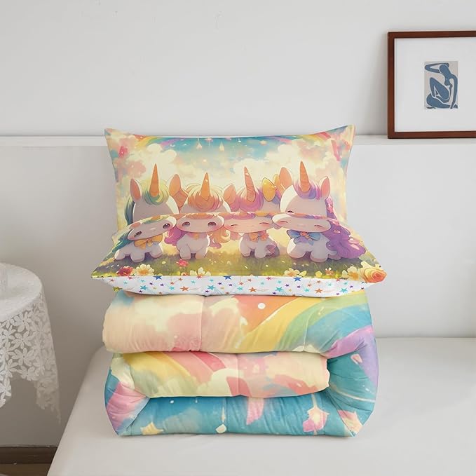 Unicorn Full Size Comforter Set,Reversible Cute Unicorn Rainbow Cartoon Horse Animal Bedding Comforters Bedroom Collection,Kawaii Style Flowers Galaxy Cloud Bedding Set for Girls Teens