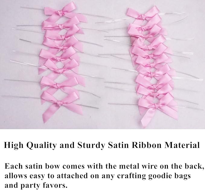 100 PCS 3 Inch Pink Twist Bows for Treat Bags, Satin Twist Tie Bows, Pre Tied Bows with Wire, Ribbon Bows with Twist Ties, Bow Ties for Gift Bags, Popcorn Bags, Cookie Bags, Party Favors