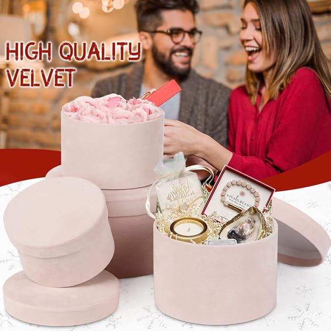 Round Gift Boxes with Lids for Presents Set of 4 Light Pink Velvet Nesting Gifts Box for Arrangements Flowers Wedding Birthday Valentines Bridesmaid Christmas Party Anniversary