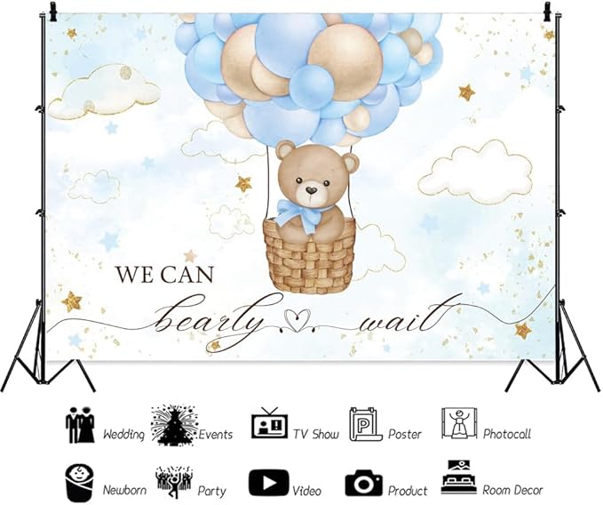 ChloropLastid We Can Bearly Wait Baby Backdrop Boy Bear Hot Air Balloon Baby Shower Photography Background Blue Balloons Clouds Stars Baby Party Cake Photo Decoration 12x8ft