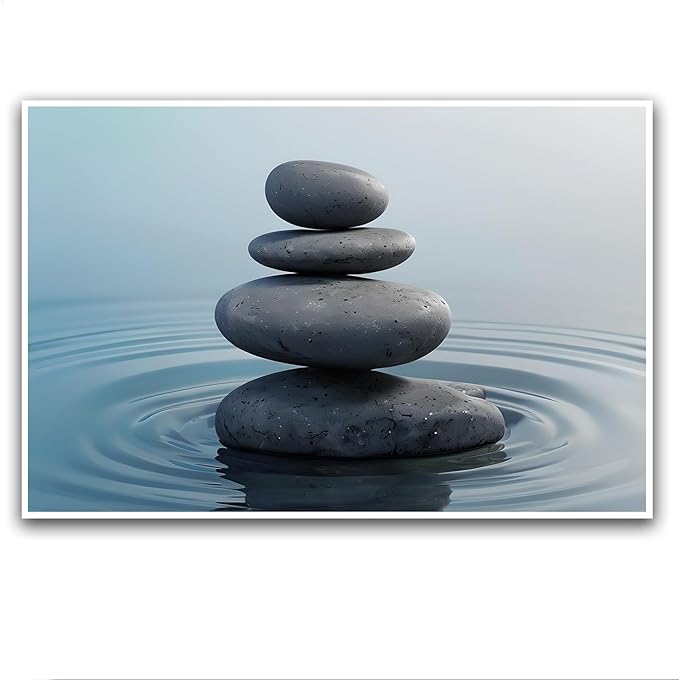 Zen wall art Harmonious grey stones stacked on a calm surface of water Serene Zen decor suitable for tranquil homes and spaces of meditation 32x48in Frameless