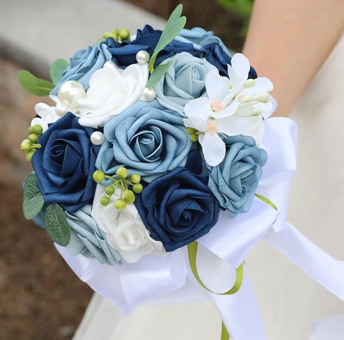 Lightweight Bridal Wedding Bouquet Round Holding Bouquet Throw Toss Artificial Rose Flower Bunch for Bride Bridesmaid Wedding Quinceanera (White & Shades of Blue, 6.7")