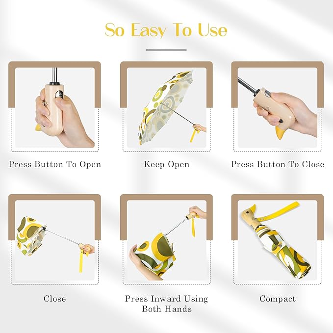 Cute Duck Umbrella Automatic - Compact Pretty Pocket Size Strong Duck Collapsible Umbrella Yellow Wooden Handle for Women