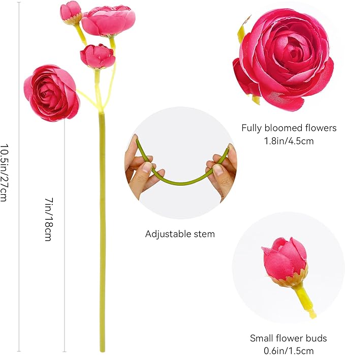 24 Pcs Ranunculus Artificial Flowers 10.5", Mini Faux Silk Ranunculus with Stem, Fake Flowers for Home Decor Indoor Wedding Bouquets Centerpieces (Hot Pink)
