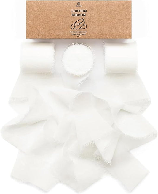 Vitalizart White Chiffon Silk Ribbon 1.5" x 21 Yd Handmade Frayed Edges Ribbons for Wedding Invitations Bridal Flower Bouquets Gifts Wrapping Crafts Holiday Decorations Off White