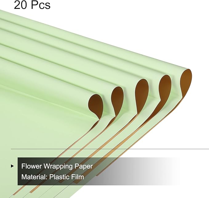 MECCANIXITY 20 Pcs Double Sided Color Flower Wrapping Paper Light Green+Gold 22.8"x22.8" Waterproof for Florist Bouquet Supplies, DIY Crafts, Gift Box Packaging