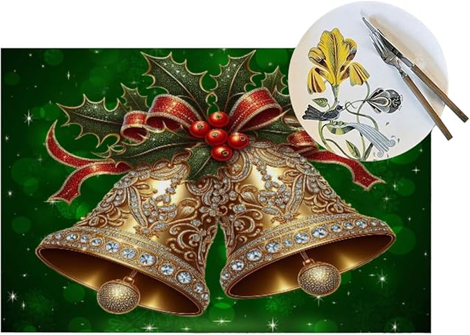 PVC Placemats Set of 1 Wipeable Table Mats Washable Heat Resistant Non Slip Vinyl Dining Table Mat for Kitchen Indoor Outdoor Patio Farmhouse Place Mats Green Christmas Bell Decorative