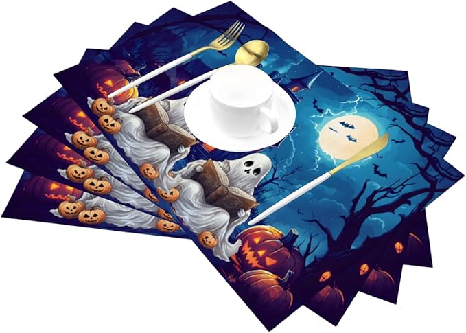 PVC Placemats Set of 1 Wipeable Table Mats Washable Heat Resistant Non Slip Vinyl Dining Table Mat for Kitchen Indoor Outdoor Patio Farmhouse Place Mats Halloween Pumpkin Ghosts Castle Decorative