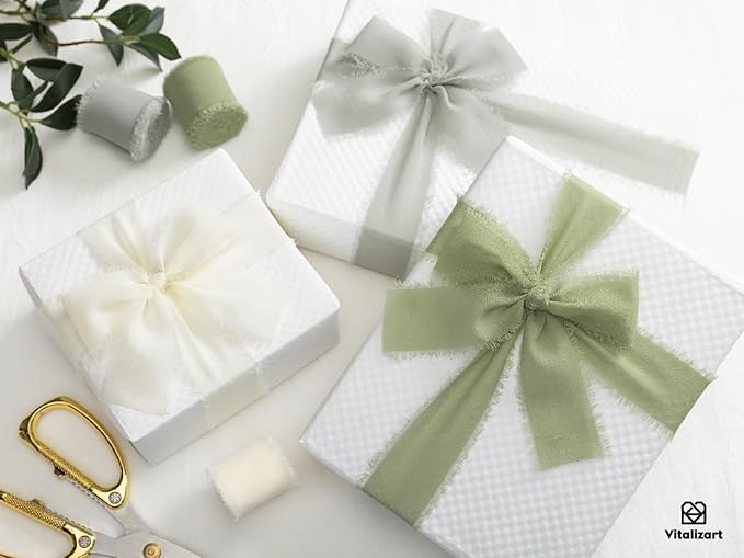 Vitalizart 9 Rolls 1.5" Green & White Chiffon Silk Ribbon Handmade Fringe Total 27 Yd Frayed Edges Ribbons for Wedding Invitations Crafts Holiday Decor Bridal Bouquets Gifts Wrapping