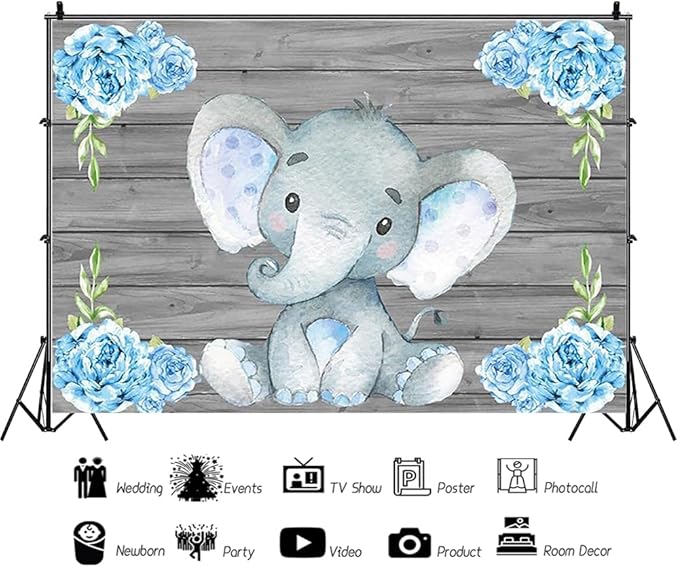 AOFOTO 15x10ft Elephant Rustic Grey Wooden Backdrop for Boy Baby Shower Watercolor Blue Floral Cartoon Animal Gender Reveal Photography Background It's a Boy Newborn Kids Birthday Party Decoration