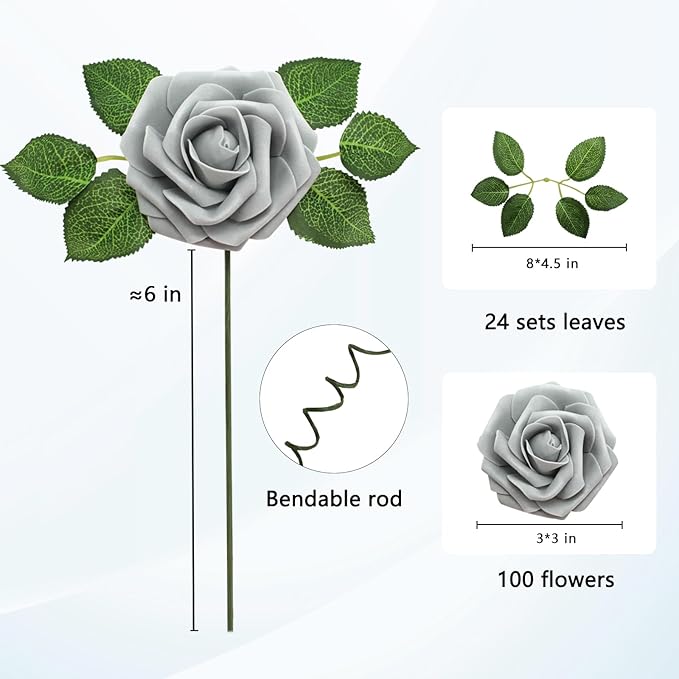 JOYLEX 100Pcs Grey Artificial Flowers Realistic Roses, Real Looking Fake Roses with Stem for DIY Wedding Bouquets Centerpieces Bridal Shower Party Home Romantic Decorations (Grey,100pcs)