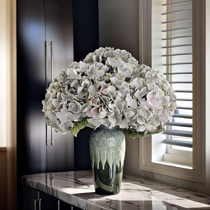 2Bouquets Artificial Fake Flowers Plants Silk Hydrangea Arrangements Wedding Bouquets Decorations Plastic Floral Home Kitchen Garden Party Festival Bar DIY (Gray Green,5 Flower Heads)