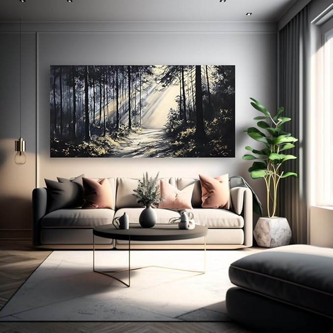 LAVIKARS Rustic Sunlight Forest Wall Art for Living Room Office Black and White Modern Landscape Canvas Painting Prints Large Nature Artwork Home Kitchen Bedroom Decor (16x30 Inches)