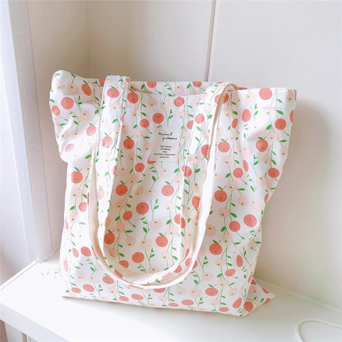 Cotton Canvas Tote Bag Reusable Soft Grocery Cloth Bag Floral Shoulder Bag for Beach Travel Shopping