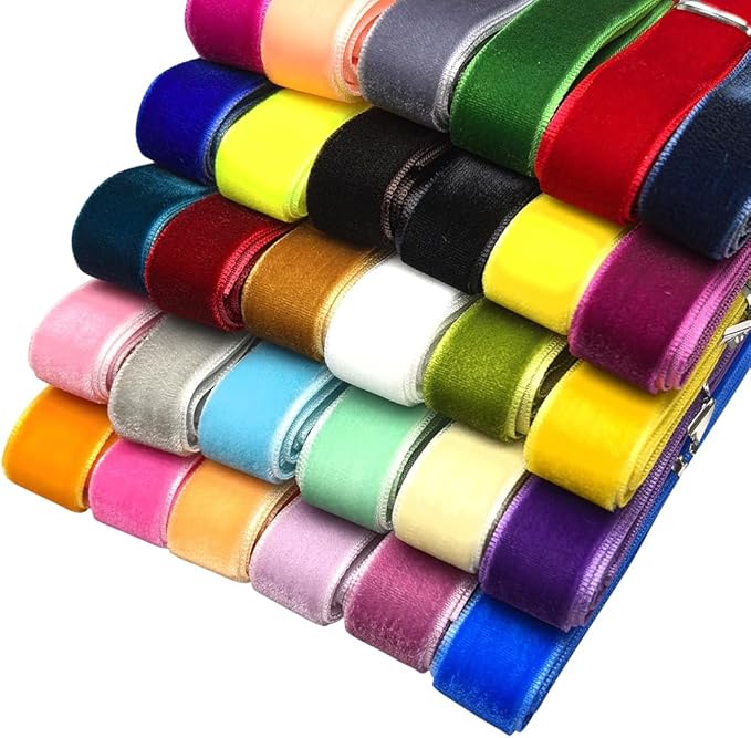 Chenkou Craft 30 Yards 5/8" Velvet Ribbon Total 30 Colors Assorted Lots Bulk (Multicolored, 5/8"(15mm))