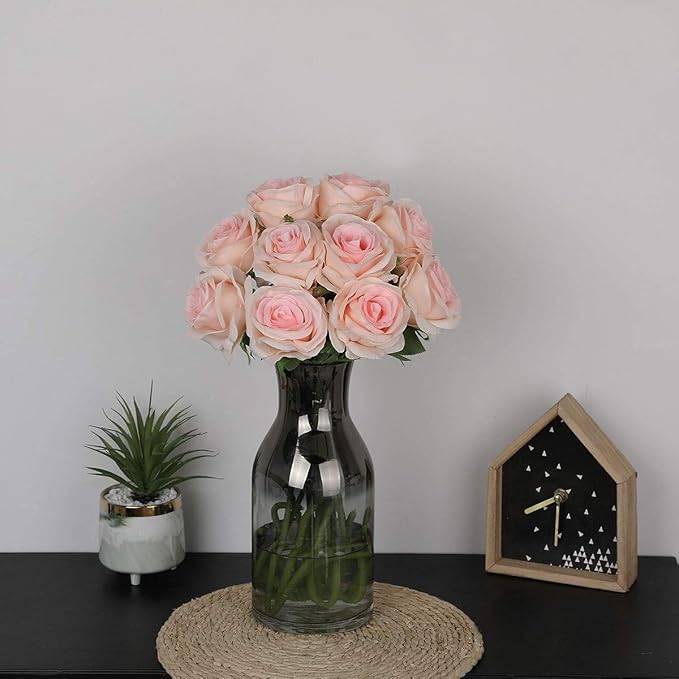 Nubry Artificial Silk Rose Flower Bouquet Lifelike Fake Rose for Wedding Home Party Decoration Event Gift 10pcs (Light Pink)