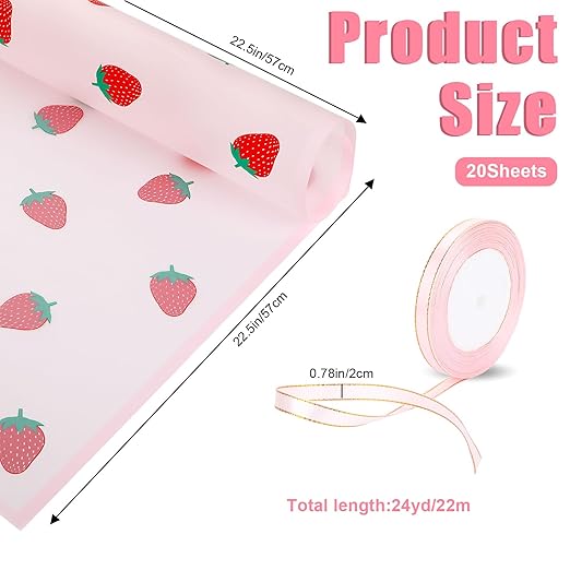 20 Sheets Bouquet Wrapping Paper, 22.4Inch Pink Strawberry Pattern Flower Floral Wrapping Paper Pink Floral Paper for Bouquets Kit, Waterproof Decorations with Ribbon for DIY Crafts Wedding Birthday Party
