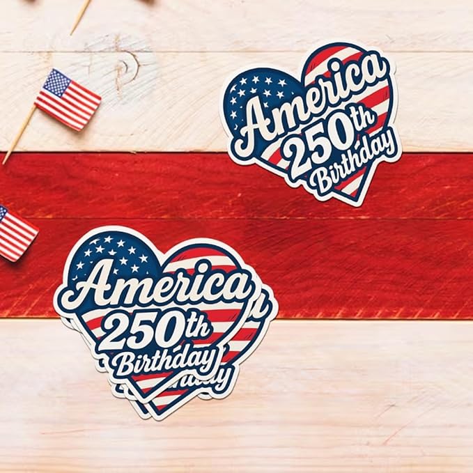 HANDICHI Design 5-Pack 2 Inch America 250th Birthday Stickers – Patriotic Heart-Shaped USA Flag Vinyl Decals – Waterproof 1776–2026 Independence Day Stickers for USA 250th Anniversary Celebration
