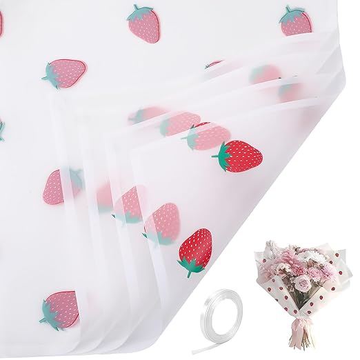20 Sheets Bouquet Wrapping Paper, 22.4Inch White Strawberry Pattern Flower Floral Wrapping Paper White Floral Paper for Bouquets Kit, Waterproof Decorations with Ribbon for DIY Crafts Wedding Birthday Party