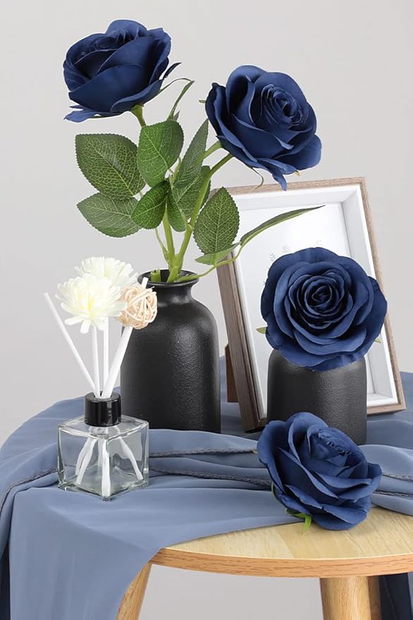 50pcs Roses Artificial Flowers Navy Blue Fake Roses Flowers with Long Stems Silk Flowers for Wedding Bouquet Centerpices Decorations Party Bridal Baby Shower Home Decor