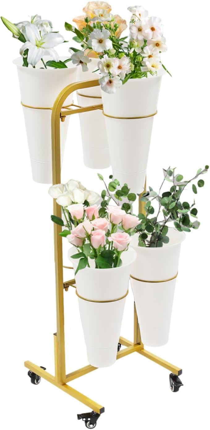 Flower Display Stand with 6 Buckets, Moving Plant Cart Shelf With Wheels and Bucket, Iron Florist Shelf, Indoor Outdoor Flower Rack for Home Patio Balcony (White)