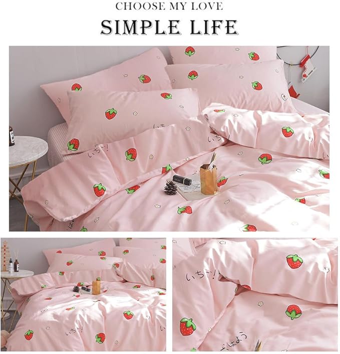 AOJIM Strawberry Kids and Adults Duvet Cover Queen Size, 100% Cotton Pink Anime Bedding Comforter Cover Set 3pcs with Zipper Closure, 1 Cute Soft Quilt Cover and 2 Pillowcases for Room Decor, No Duvet