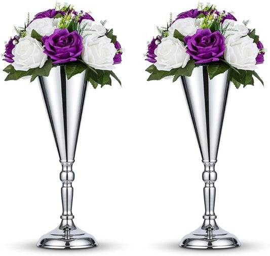 2 Pcs/ Set Tabletop Silver Metal Wedding Flower Trumpet Vase Table Decorative Centerpiece Artificial Flower Arrangements for Anniversary Ceremony Party Birthday Event Aisle Home Decoration