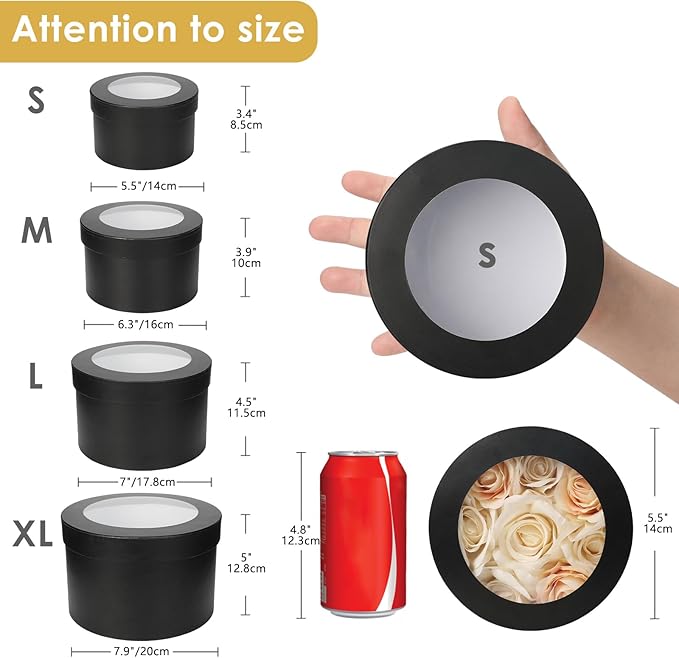 Flower Boxes for Arrangements Nesting Round Gift Boxes with Clear Lids Black Round Boxes for Flowers Set of 4 Assorted Sizes Flower Boxes for Flower Arrangements, Valentine's Day, Mother's Day,