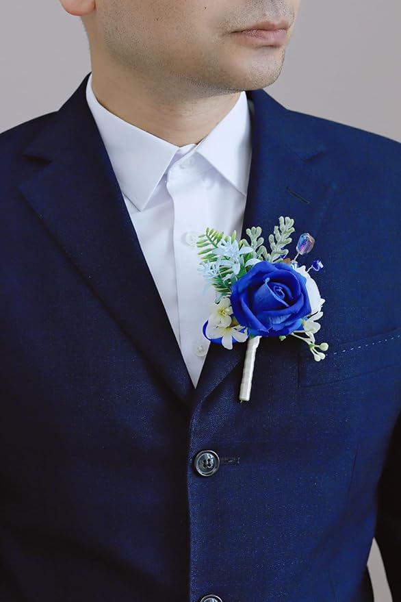 Royal Blue Corsage and Boutonniere Set, Prom Wedding Homecoming Wrist Corsage Wristlet and Boutonniere Set for Grooms Groomsmen Guest Bridal Bridesmaid Artificial Flower Suit Decoration