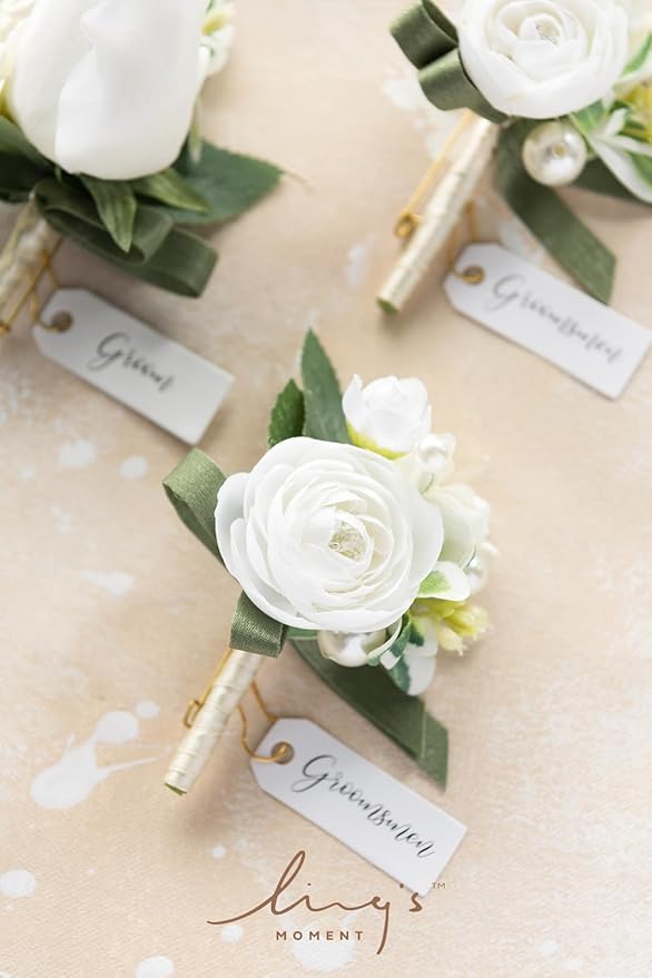 Ling's moment Boutonniere for Men, 6pcs Groom Groomsmen Boutonniere, Artificial Flowers for Wedding Decor/Prom/Homecoming, etc.White Ranunculus Pearl