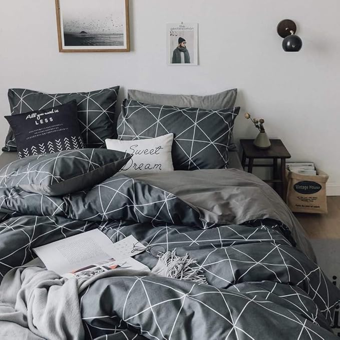 LifeTB Grey Plaid Comforter Set Twin XL Geometric Plaid Bedding Comforter Set 3 Pieces Plaid Grid Comforter with 2 Pillowcases Fluffy Soft Checkered Pattern Comforter Set for All Season Twin XL Size
