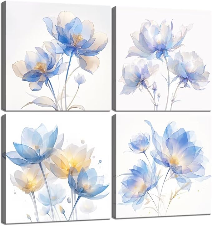 Pankila Blue Flickering Flower Abstract Canvas Wall Art Floral Poster Modern Flowers Pictures Wall Decor for Living Room Bedroom Bathroom Home Decorations Framed Artwork (12''W x 12''H x 4)