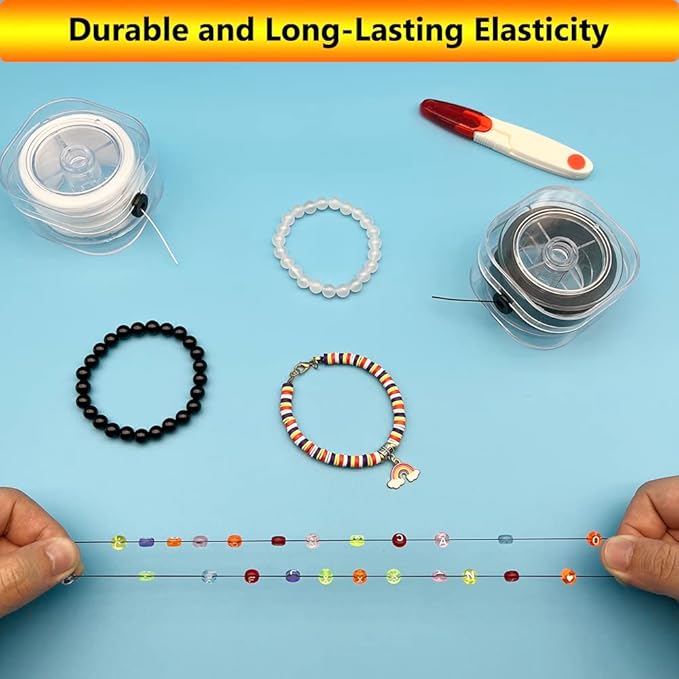 Elastic Cord for Bracelets, 2 Rolls 0.8mm Flat Stretchy Bracelet String, 220 Yards Elastic String for Jewelry Making with Organizing Case and Scissors