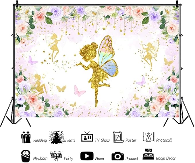 Renaiss 10x6.5ft Floral Fairy Backdrop Pink Gold Flower Butterflies Golden Glitter Princess Fairy Birthday Party Photography Background for Girl Baby Shower Decor Photo Studio Props