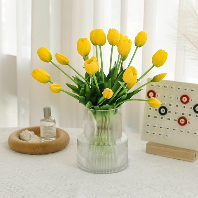 20PCS Yellow Fake Tulips Artificial Flowers Real Touch Latex Faux Tulips UV Resistant Fake Flowers Bouquet for Table Home Decor Party Wedding Garden Decoration