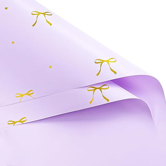 WRAPAHOLIC 20 Sheets Flower Wrapping Paper - 22.4 x 22.4 inch Purple Bow Water-Resistant Floral Bouquet Wrapping Paper, Florist Supplies Packaging for Wedding Birthday Gift DIY