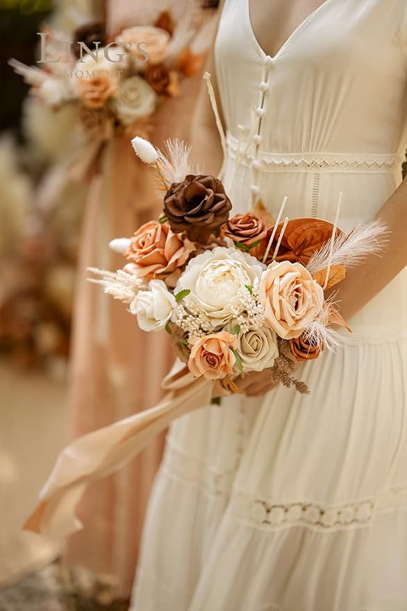 Ling's moment Artificial Flowers, 16pcs Burnt Orange Ombre Faux Silk Roses with Stems, 3.5" Fake Terracotta Flowers Bulk for DIY Wedding Bouquets Centerpieces Party Baby Shower Home Decoration