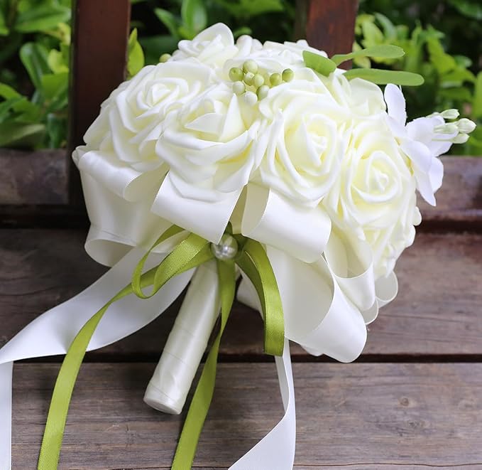 Lightweight Bridal Wedding Bouquet Round Holding Bouquet Throw Toss Artificial Rose Flower Bunch for Bride Bridesmaid Wedding Quinceanera (Cream, 6.7")