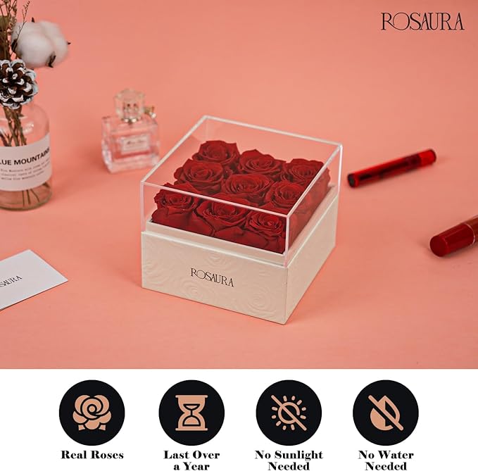 Rosaura Square Preserved Roses Gift Box - Real Forever Flowers in Clear Acrylic Lid, Valentine's for Women (red, 9 Roses)