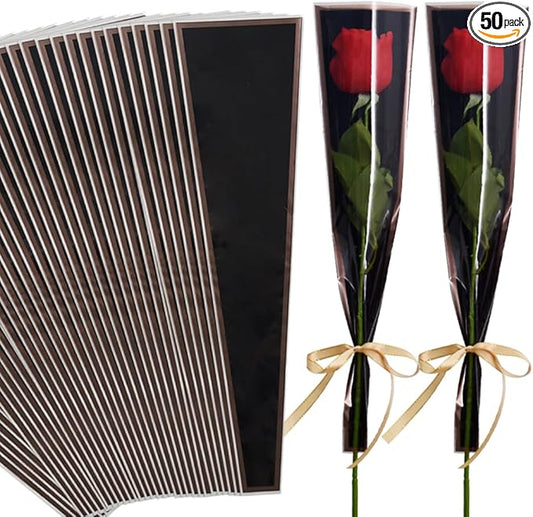 BEISHIDA 50 PCS Single Rose Sleeve Plastic Flower Wrapping Bags Cellophane Flower Sleeves for Florist Bouquet Supplies Mother's Day Valentine's Day (Black and Champagne)
