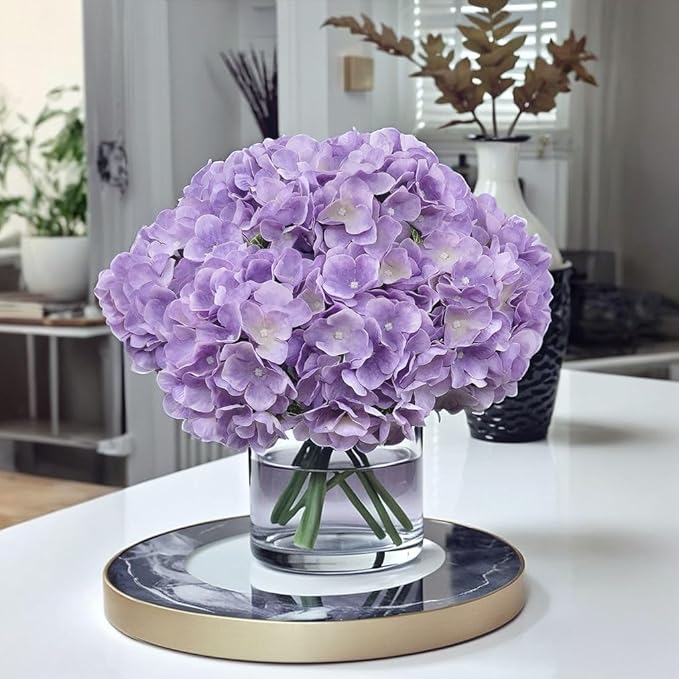 2Bouquets Artificial Fake Flowers Plants Silk Hydrangea Arrangements Wedding Bouquets Decorations Plastic Floral Home Kitchen Garden Party Festival Bar DIY (Lavender,5 Flower Heads)