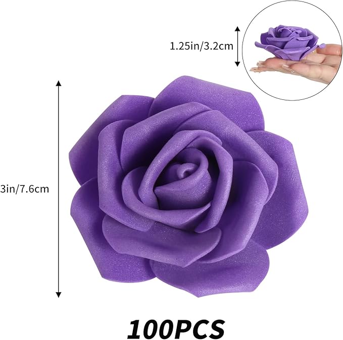 IPOPU Artificial Roses Flowers Heads, 100Pcs Stemless Foam Roses Heads Bulk 3in Fake Flowers for Crafts, Wall Decorations, DIY Wedding Bouquets, Bridal Shower, Party Home Decoration(Dark Purple)