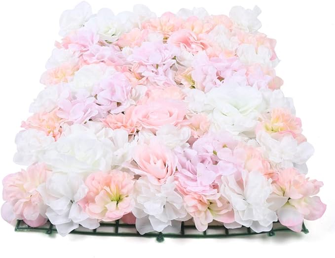 16"x 24" Artificial Flower Wall Panels,Flower Wall Mat Silk Flower Panels for Outdoor Garden Backyard Fence Fence Privacy Screen and Indoor Wall Decor(20Pcs Champagne+Light Pink+White)