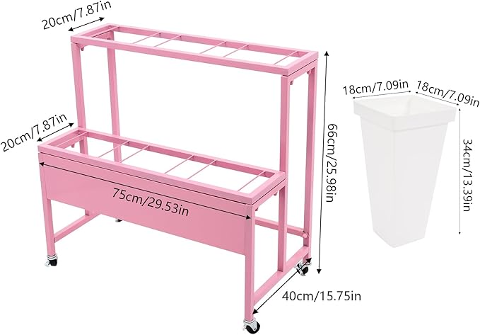 2-Layers Flower Display Stand Metal Flower Display Stand With 6 Pcs Buckets Rolling Plant Stand Flower Cart Moving Florist Bouquet Shelf for Fresh Flower Shop Balcony,Load Capacity 33.07lbs (Pink)