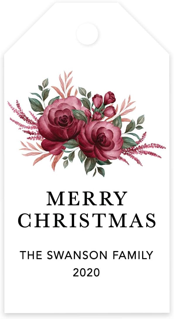 Andaz Press Personalized Christmas Holiday Season Classic Gift Tags, Merry Christmas Custom Family Name and Year, Burgundy Floral Roses Design, for Holiday Events, Parties, and Favors, 60-Pack