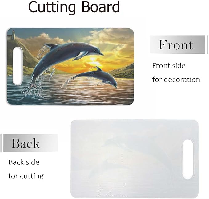 Dolphins Cutting Board with Handles Dolphins Jumping Sea Over A Beautiful Sunset Cutting Boards Plastic Safe Chopping Board for Kitchen 16" x 10" x 0.24"
