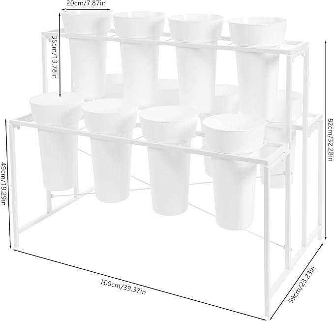 Flower Display Stand with 12 Pcs Buckets 3 Layers Metal Plant Stand Plant Cart Shelf Flower Bucket Rack Stand for Indoor Florist Garden Patio (White Stand-White Round Buckets)